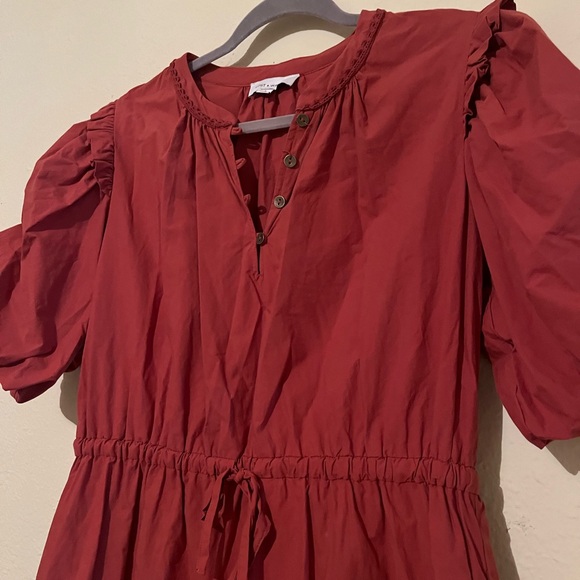 Lost + Wander Rust Short Puff Sleeve V Neck Cinched Waist Mini Dress - Picture 4 of 9